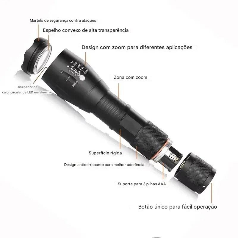 Lanterna LED T6 – Alta Potência com Zoom e 5 Modos de Luz