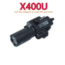 X400U – Lanterna e ponteiro laser 2 em 1, alta intensidade, compatível com trilho 20mm para airsoft, caça e jogos táticos.