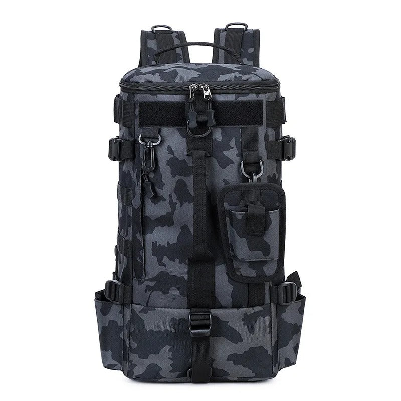 Mochila tática de pesca, bolsa de equipamento com suporte de haste, armazenamento de equipamento de peixe, molle, acampamento, caminhadas ao ar livre, bolsa multifuncional