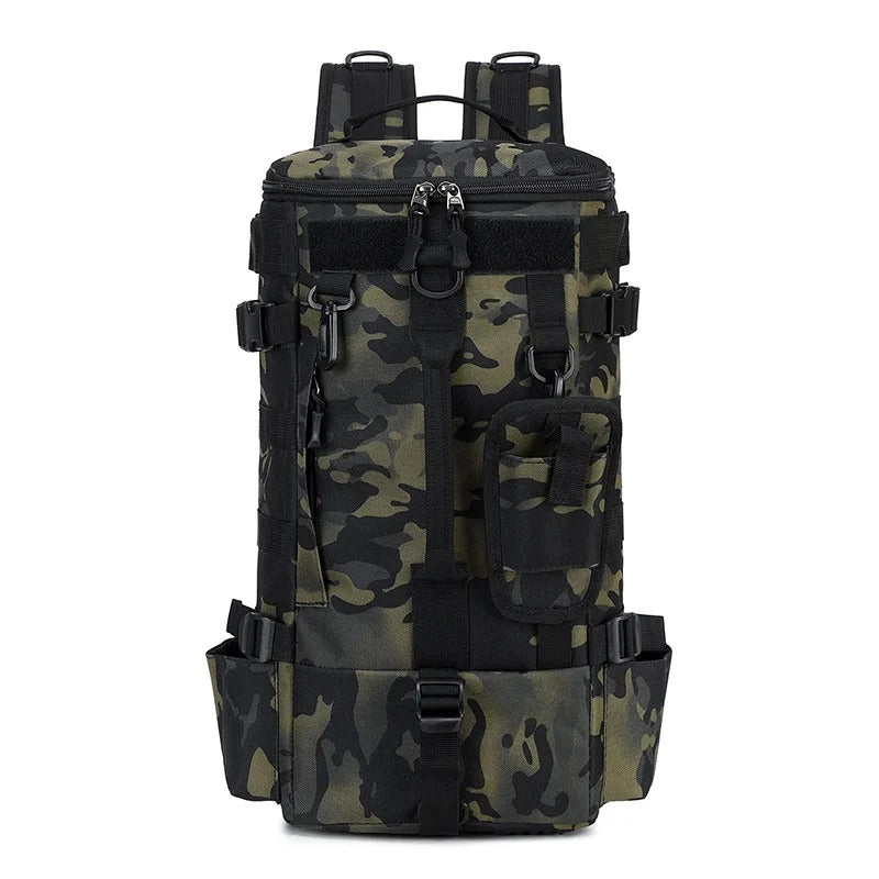 Mochila tática de pesca, bolsa de equipamento com suporte de haste, armazenamento de equipamento de peixe, molle, acampamento, caminhadas ao ar livre, bolsa multifuncional