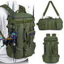 Mochila tática de pesca, bolsa de equipamento com suporte de haste, armazenamento de equipamento de peixe, molle, acampamento, caminhadas ao ar livre, bolsa multifuncional
