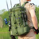 Mochila tática de pesca, bolsa de equipamento com suporte de haste, armazenamento de equipamento de peixe, molle, acampamento, caminhadas ao ar livre, bolsa multifuncional