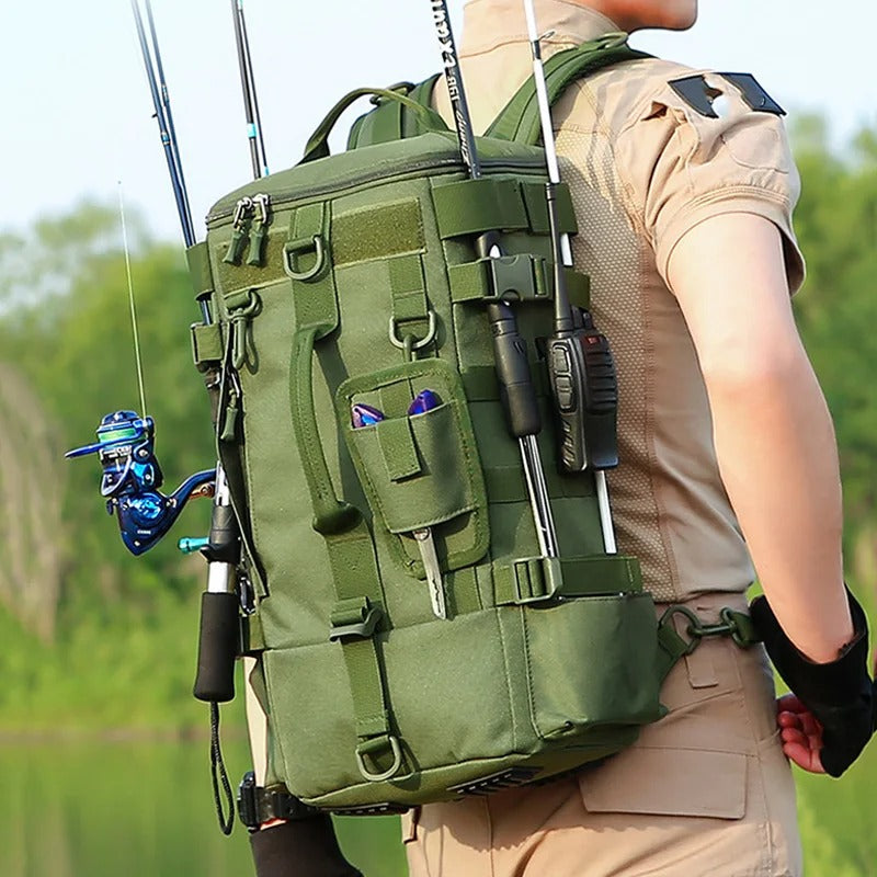 Mochila tática de pesca, bolsa de equipamento com suporte de haste, armazenamento de equipamento de peixe, molle, acampamento, caminhadas ao ar livre, bolsa multifuncional