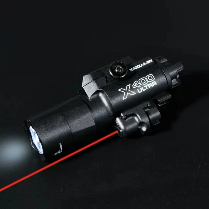 X400U – Lanterna e ponteiro laser 2 em 1, alta intensidade, compatível com trilho 20mm para airsoft, caça e jogos táticos.