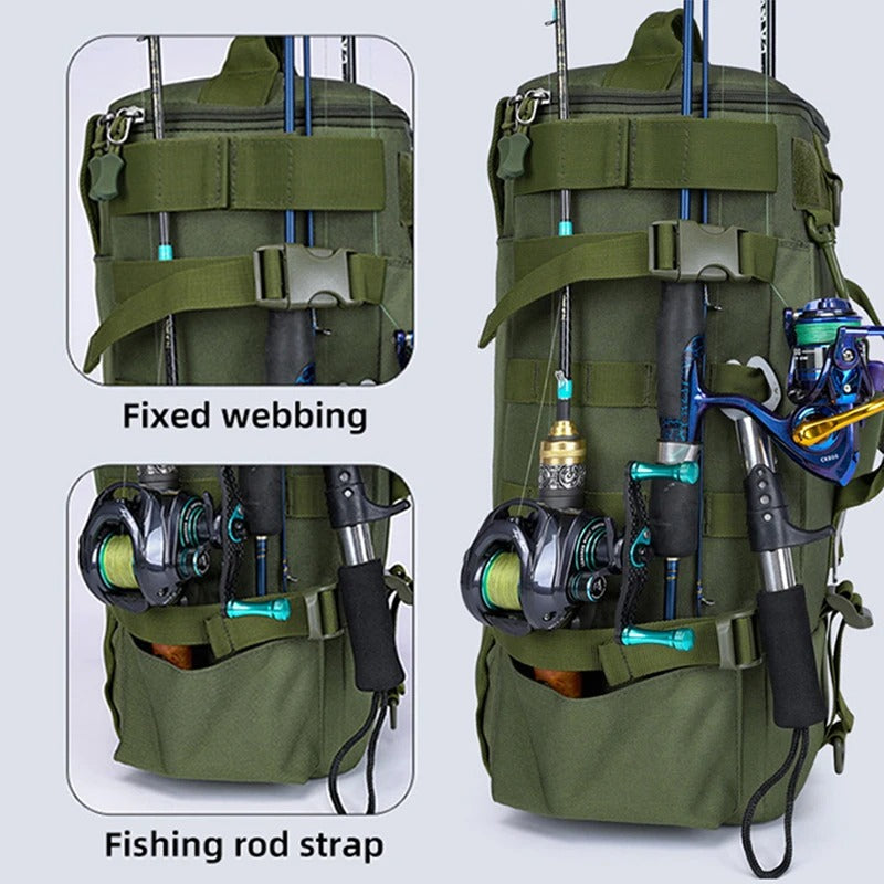 Mochila tática de pesca, bolsa de equipamento com suporte de haste, armazenamento de equipamento de peixe, molle, acampamento, caminhadas ao ar livre, bolsa multifuncional