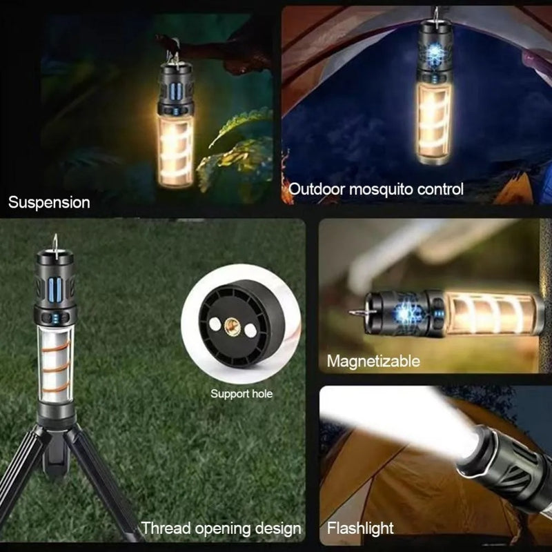 Lanterna LED portátil 2 em 1 – Iluminação e repelente de mosquitos, com gancho, tripé e design à prova d’água, ideal para camping.