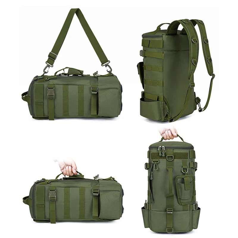 Mochila tática de pesca, bolsa de equipamento com suporte de haste, armazenamento de equipamento de peixe, molle, acampamento, caminhadas ao ar livre, bolsa multifuncional