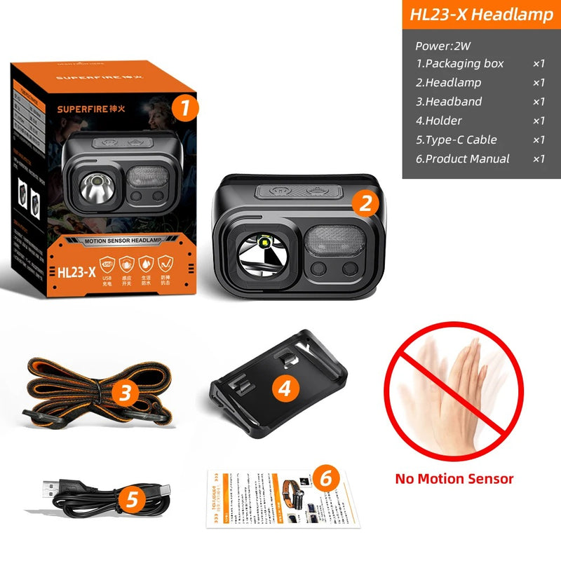 Superfire HL23 – Farol LED poderoso, recarregável via USB-C, com indução hands-free, ideal para acampamento e trabalho.