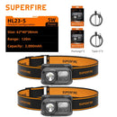 Superfire HL23 – Farol LED poderoso, recarregável via USB-C, com indução hands-free, ideal para acampamento e trabalho.