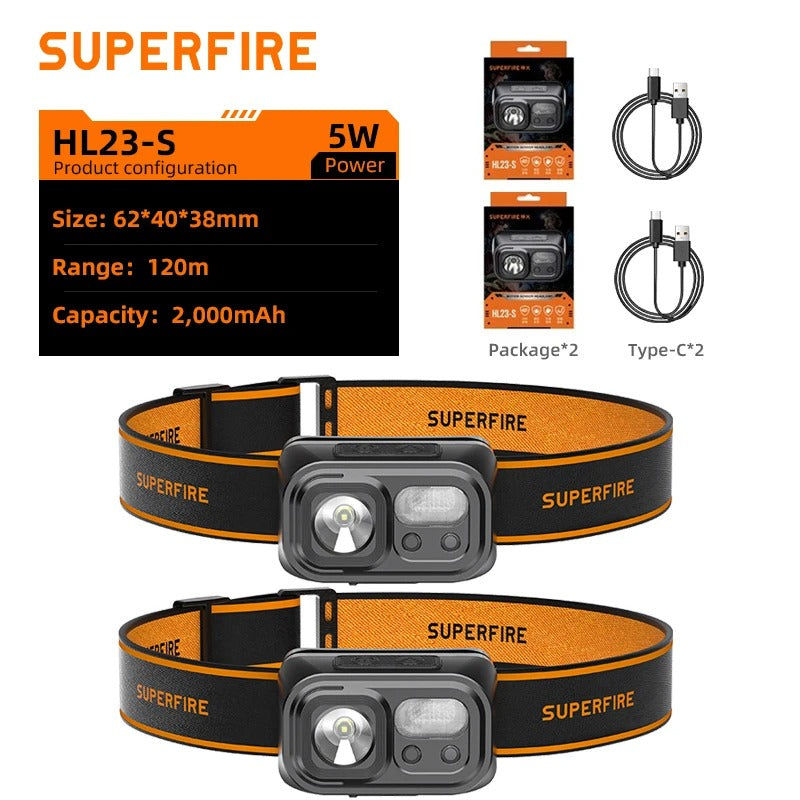 Superfire HL23 – Farol LED poderoso, recarregável via USB-C, com indução hands-free, ideal para acampamento e trabalho.