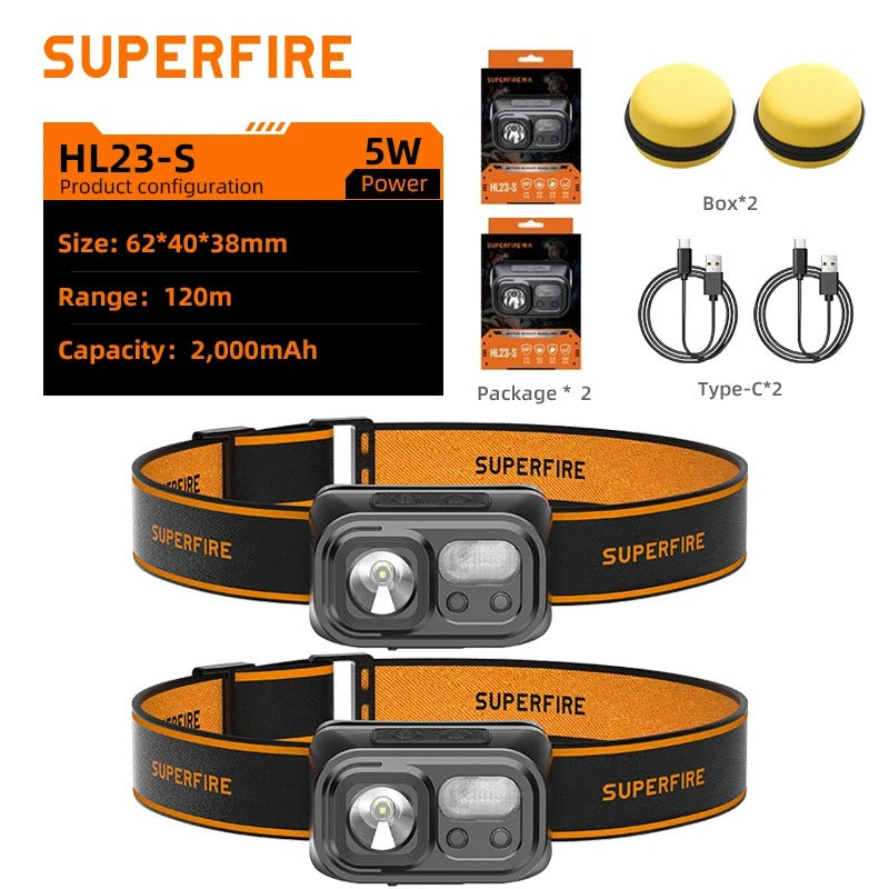 Superfire HL23 – Farol LED poderoso, recarregável via USB-C, com indução hands-free, ideal para acampamento e trabalho.
