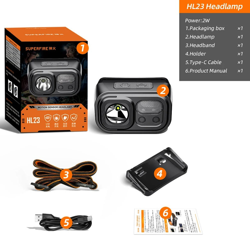 Superfire HL23 – Farol LED poderoso, recarregável via USB-C, com indução hands-free, ideal para acampamento e trabalho.