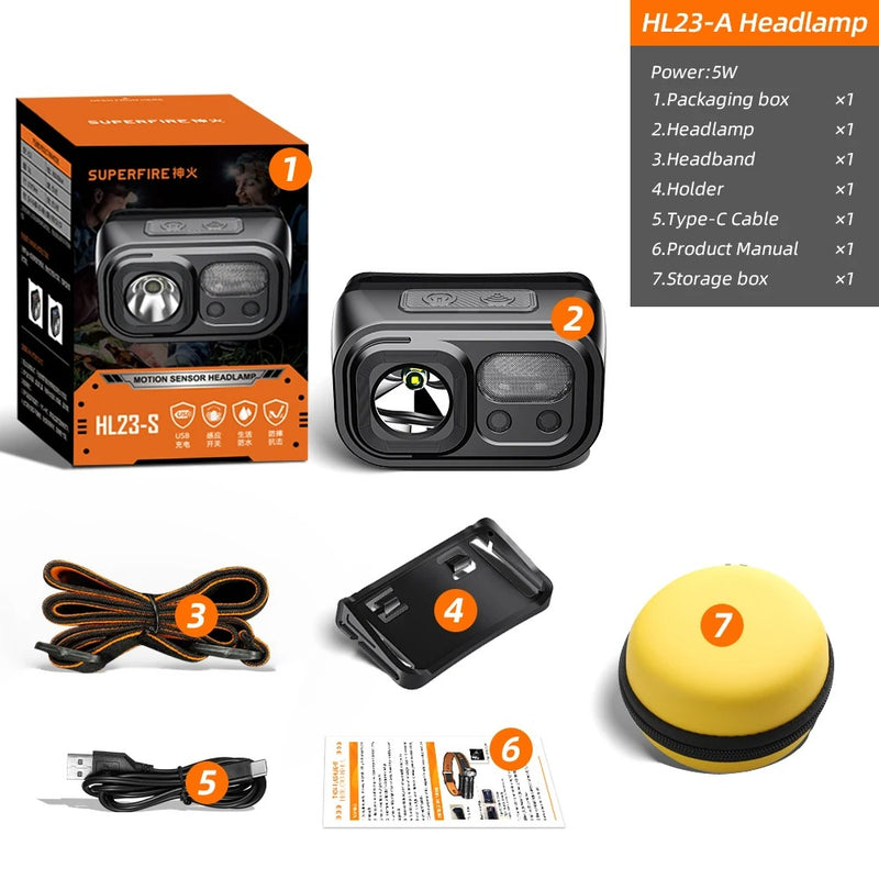 Superfire HL23 – Farol LED poderoso, recarregável via USB-C, com indução hands-free, ideal para acampamento e trabalho.